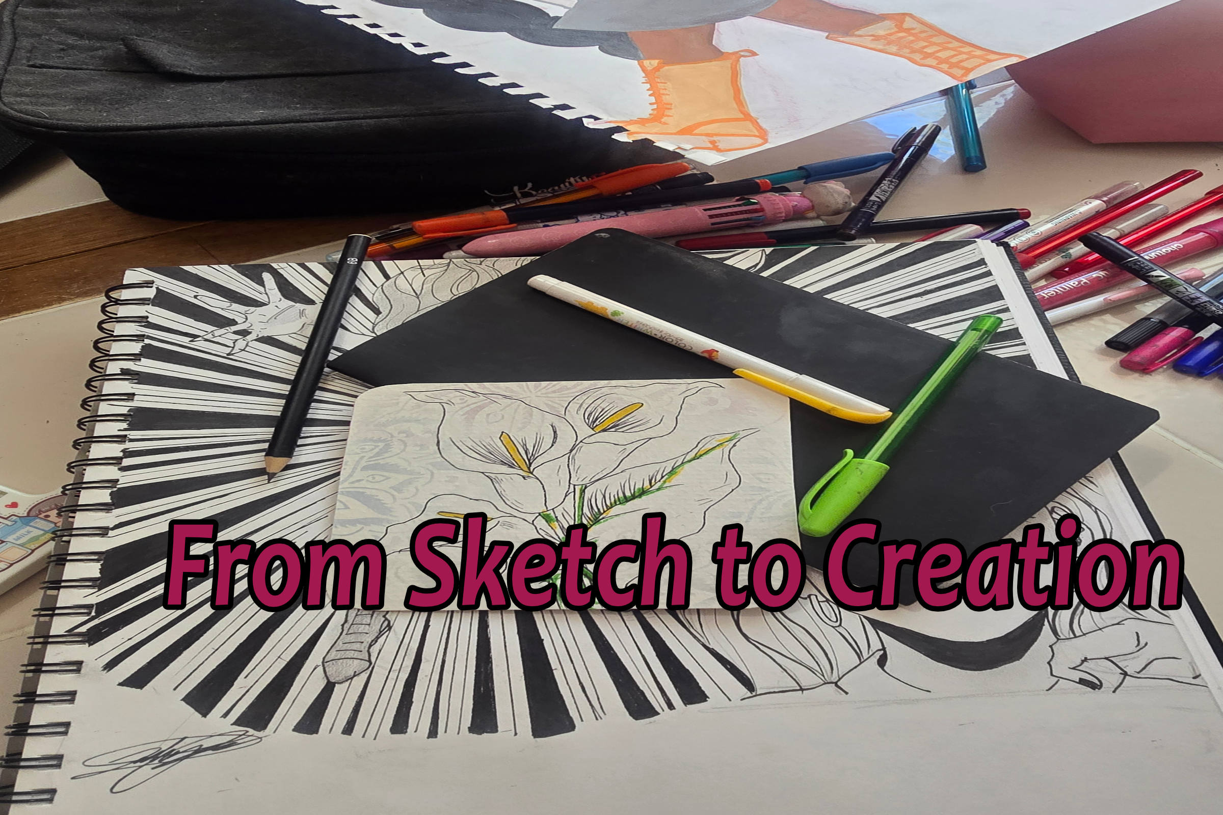 Polendo Design sketchbook and drawing tools showing the hand drawn artwork process from sketch to finished creation