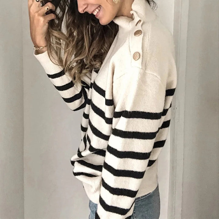 Striped Turtleneck Button Shoulder Knit Sweater