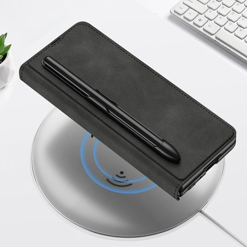 Shockproof Leather Case with Pen Slot for Samsung Galaxy Z Fold 5 - Polendo Design