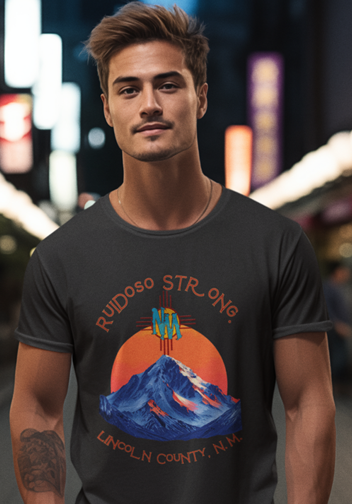 Male model wearing Polendo Design Ruidoso Strong Lincoln County New Mexico mountain graphic t-shirt