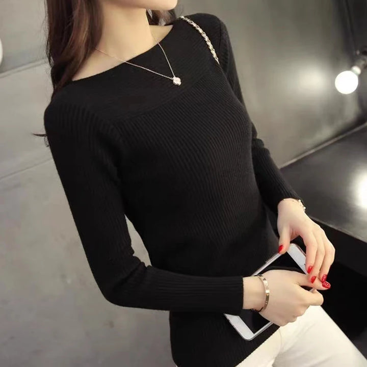 Women's Ribbed Slim Knit Sweater with Slash Neck, Casual Solid Pullover