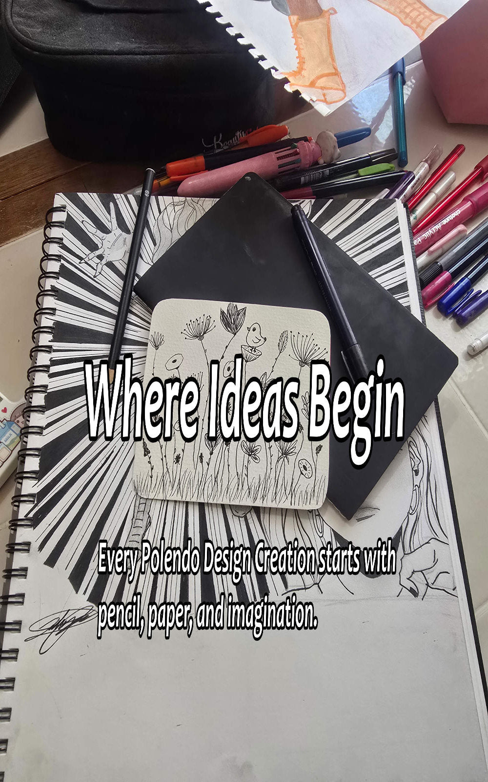 Polendo Design studio sketchbook and drawing tools showing the start of a hand-drawn artwork process