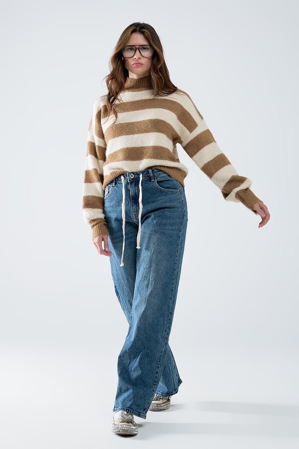 Beige Striped Turtleneck Sweater for Women - Polendo Design