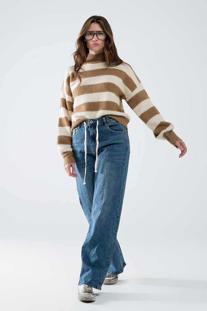 Beige Striped Turtleneck Sweater for Women - Polendo Design