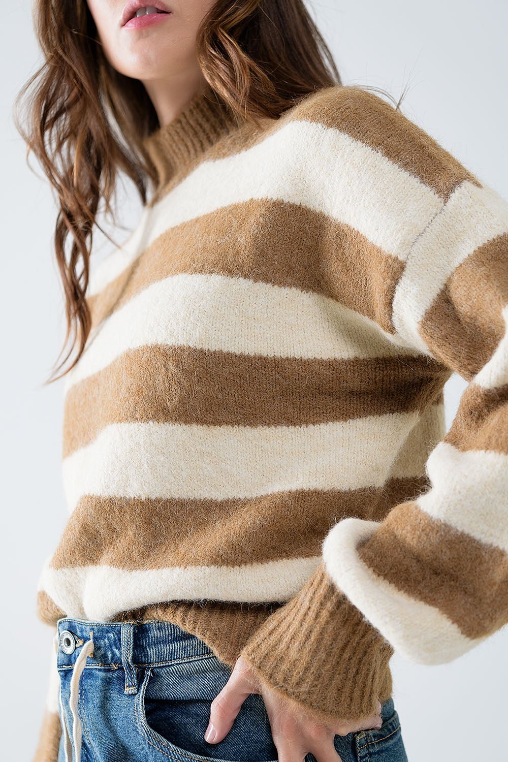 Beige Striped Turtleneck Sweater for Women - Polendo Design