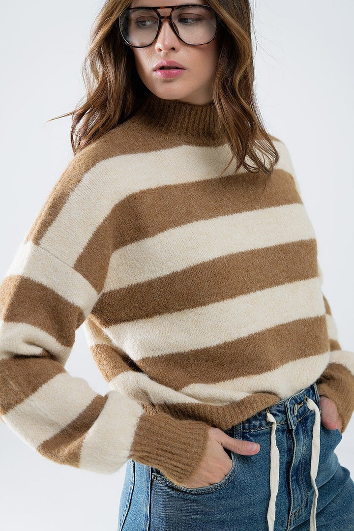 Beige Striped Turtleneck Sweater for Women - Polendo Design