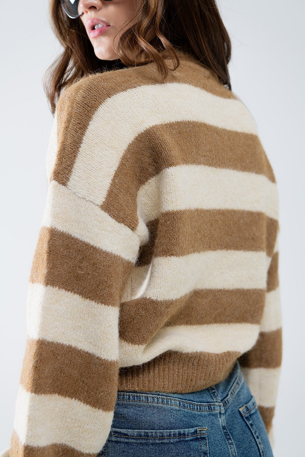 Beige Striped Turtleneck Sweater for Women - Polendo Design