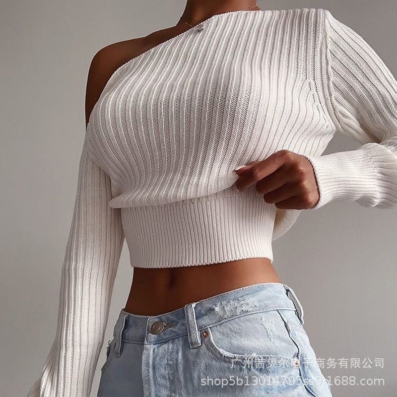 Chic Diagonal Collar Knitted Women's Sweater Tops - Polendo Design