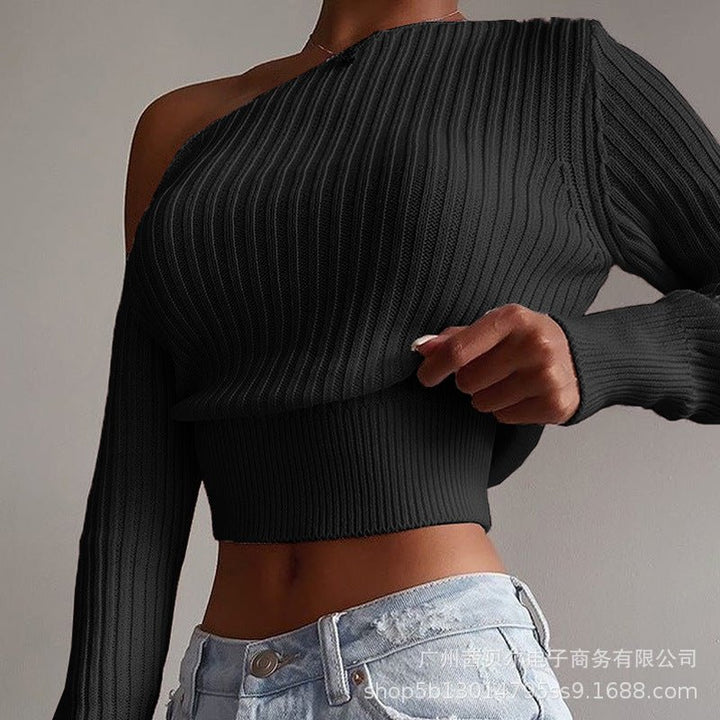 Chic Diagonal Collar Knitted Women's Sweater Tops - Polendo Design