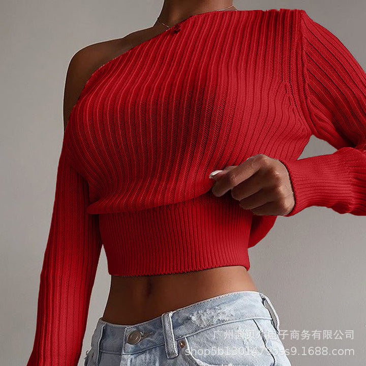 Chic Diagonal Collar Knitted Women's Sweater Tops - Polendo Design