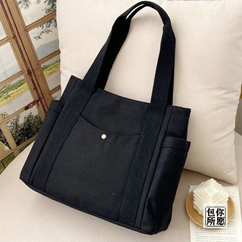 Everyday Black Canvas Tote Bag with Pockets - Polendo Design