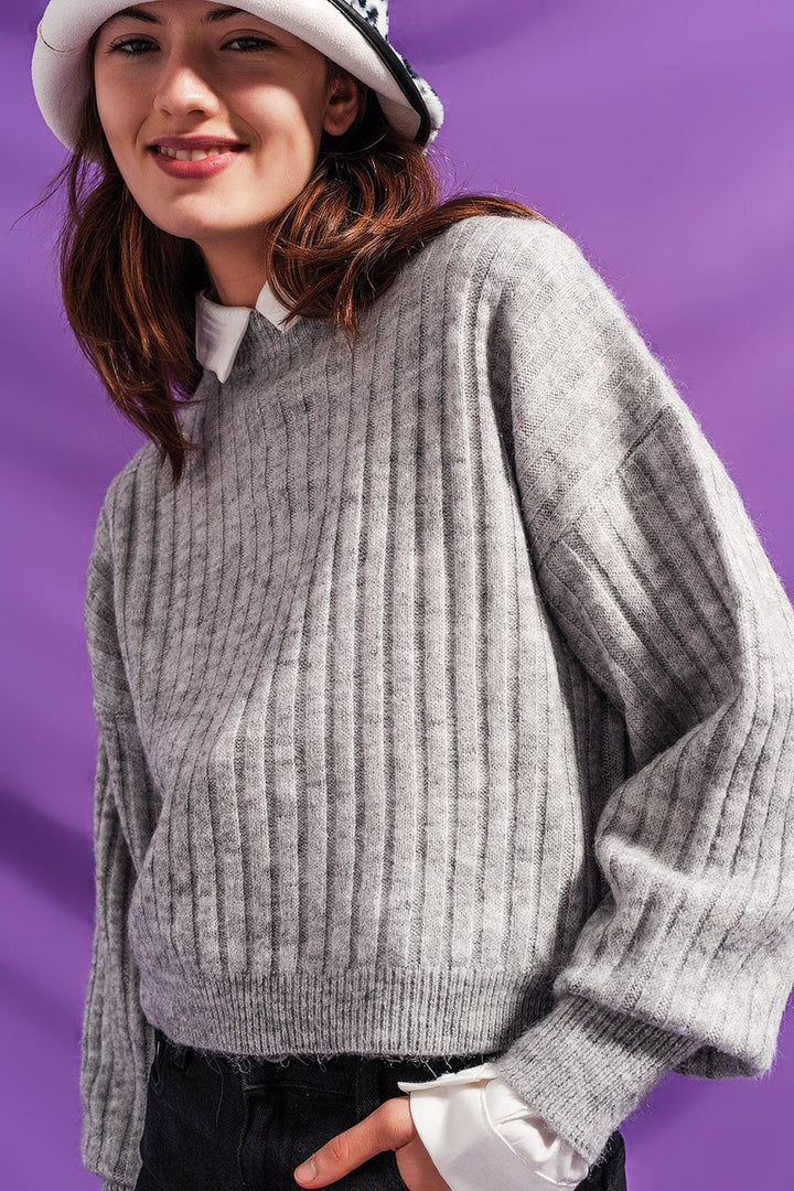 Grey Striped Knit Sweater for Everyday Style