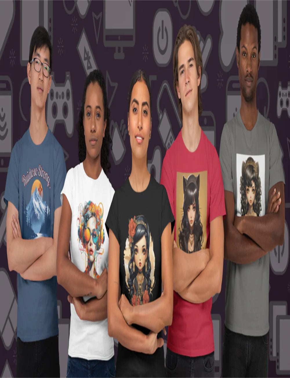 Polendo Design original character artwork printed on apparel worn by models showcasing wearable art from a family-run art studio