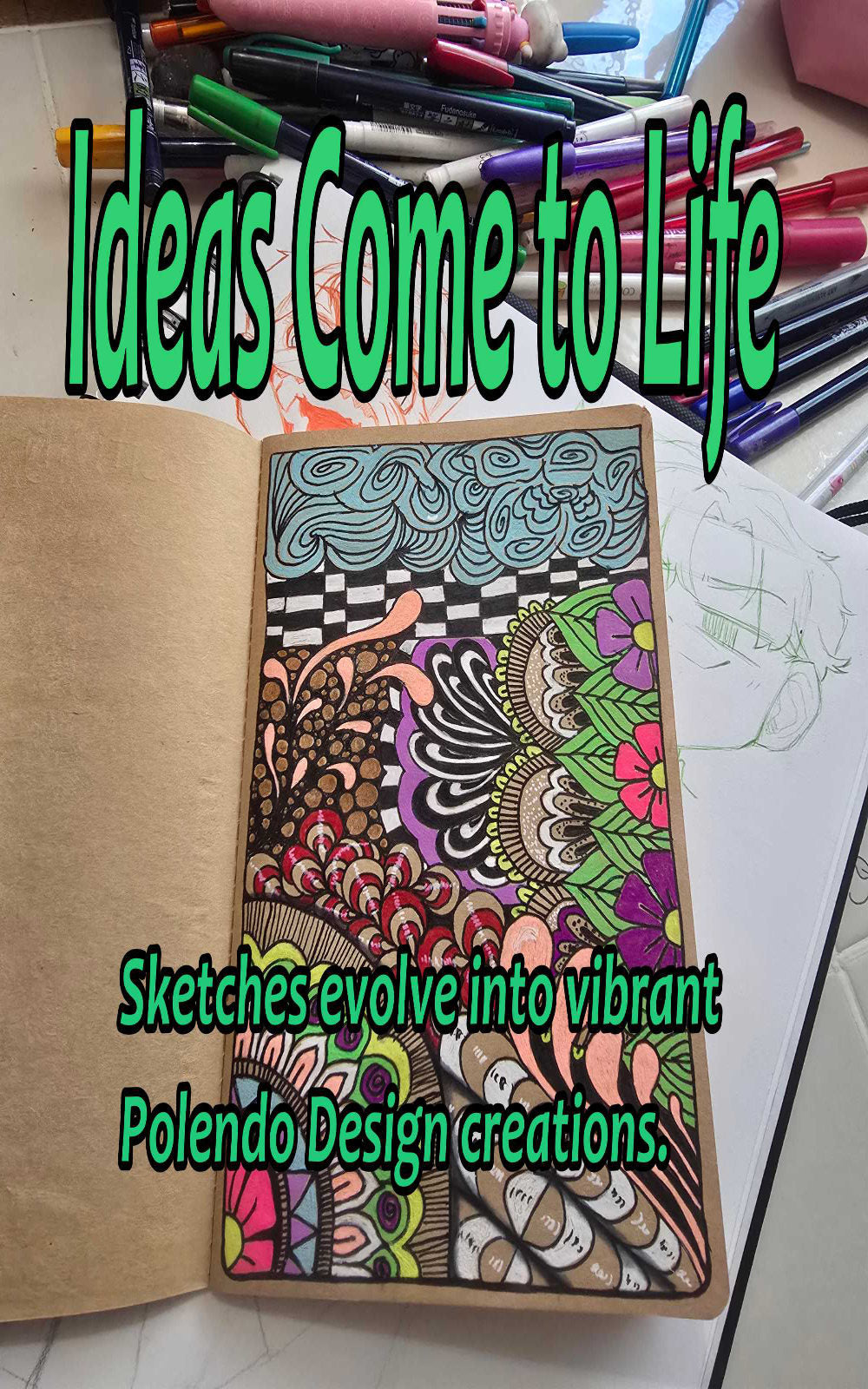 Polendo Design sketchbook artwork with colored pens showing a hand drawn illustration in the creative process.