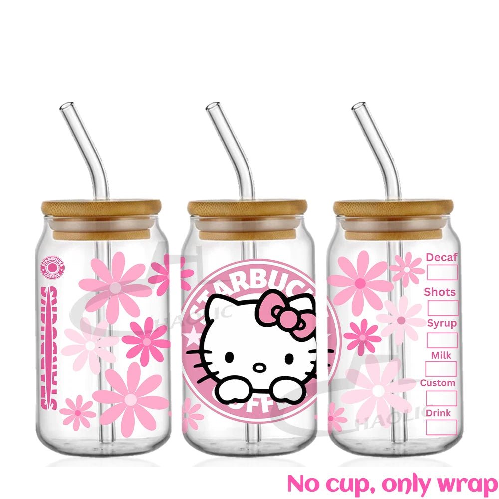 Kawaii Hello Kitty UV DTF Cup Wrap – 16oz Libbey Glass Tumbler Sticker - Polendo Design