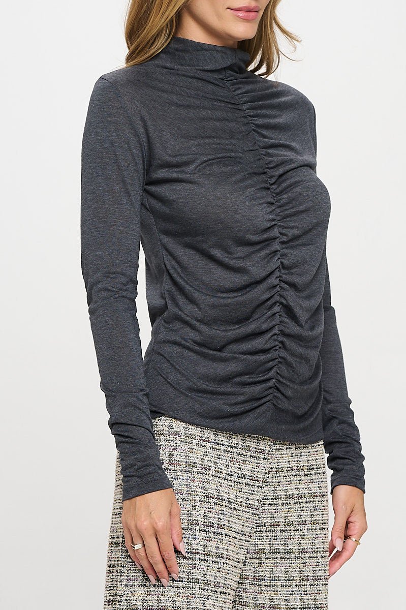 Knit Long Sleeve Mock neck Top with Scrunched Detail - Polendo Design