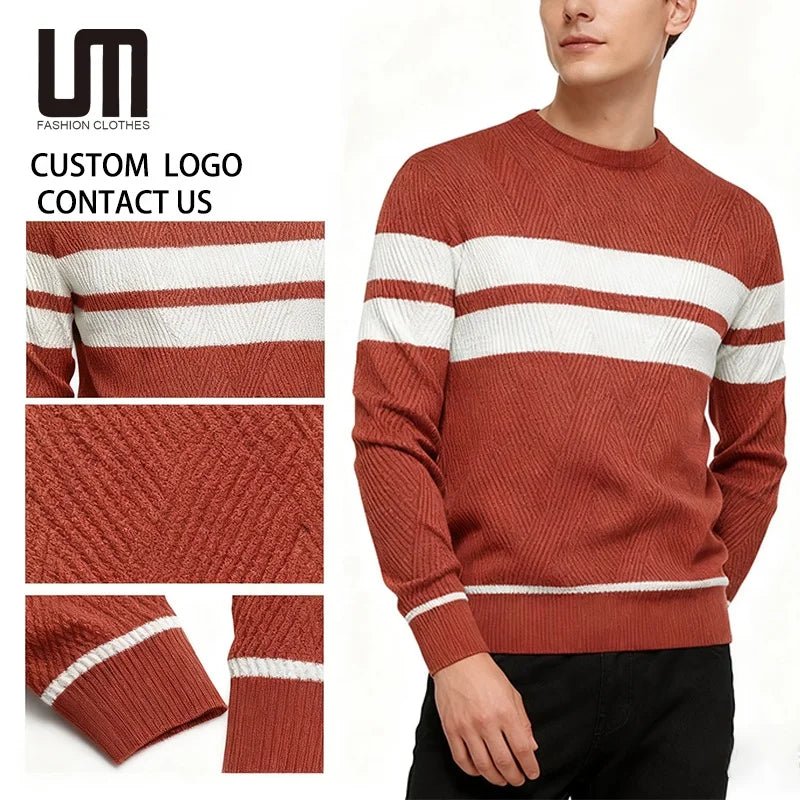 Men Casual Warm Striped Pullover Sweater - Polendo Design crew neck sweater