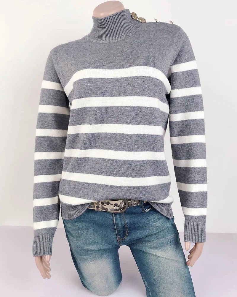 Striped Turtleneck Button Shoulder Knit Sweater - Polendo Design