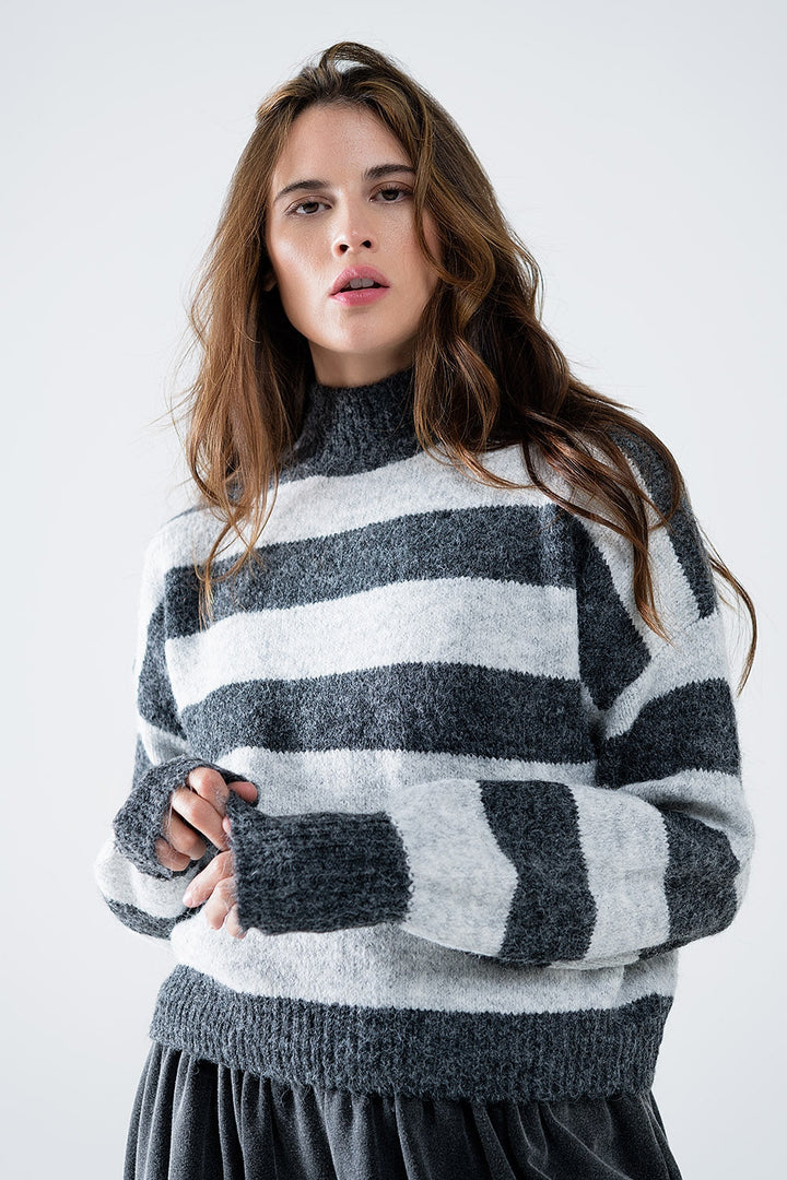 Classic Gray Striped Turtleneck Sweater