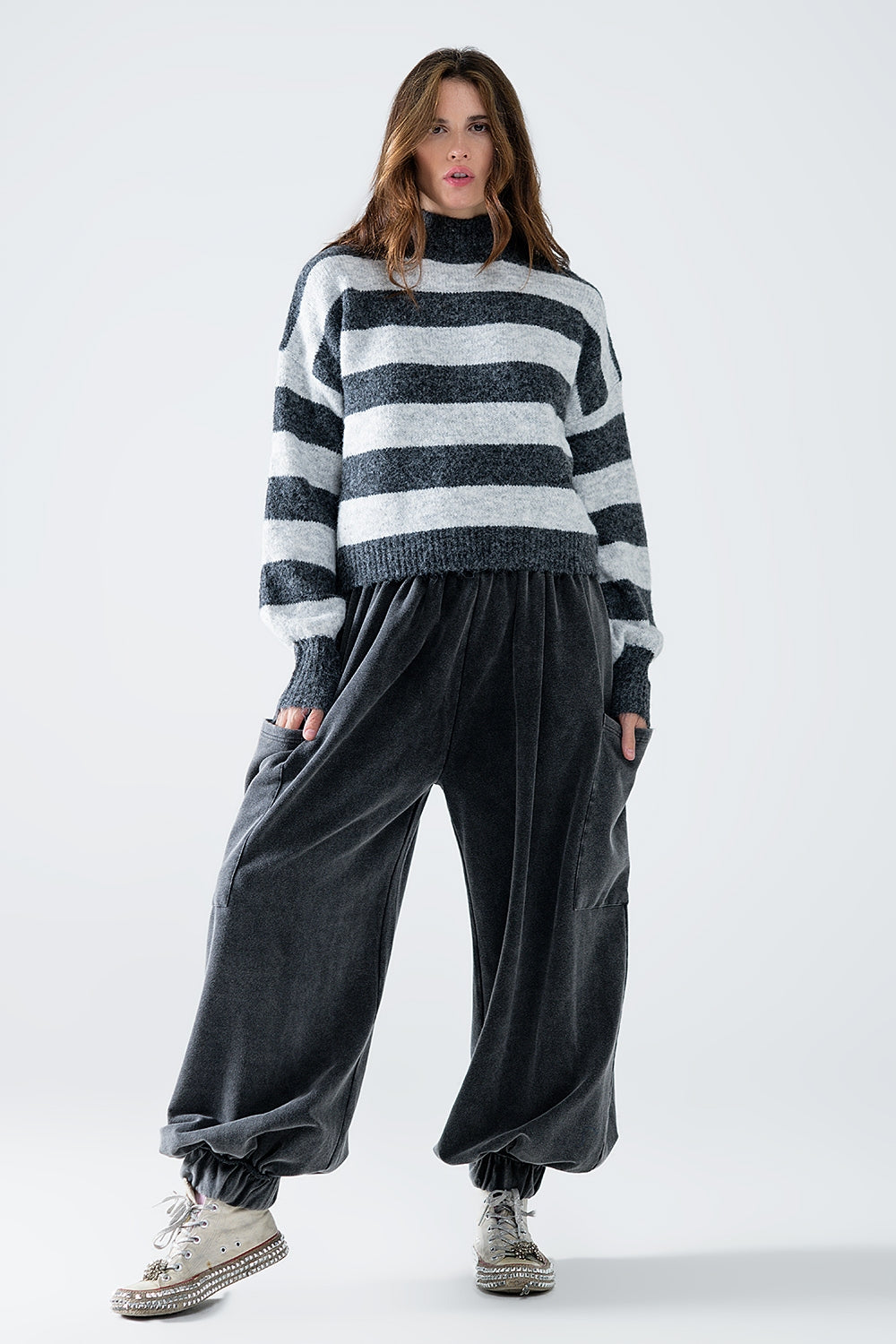 Classic Gray Striped Turtleneck Sweater