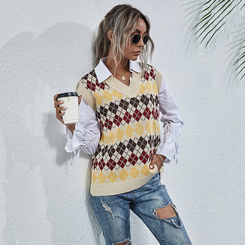 Women V Neck Knitted Sweater Vest - Polendo Design V neck sweater