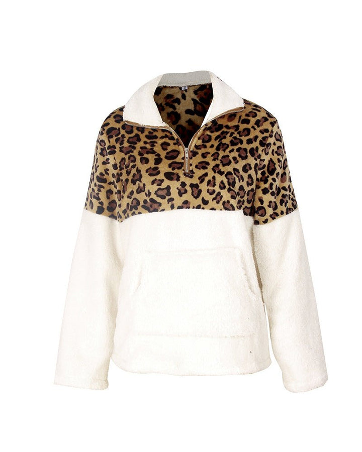 Women's Leopard Fleece Sweater Pullover - Polendo Design