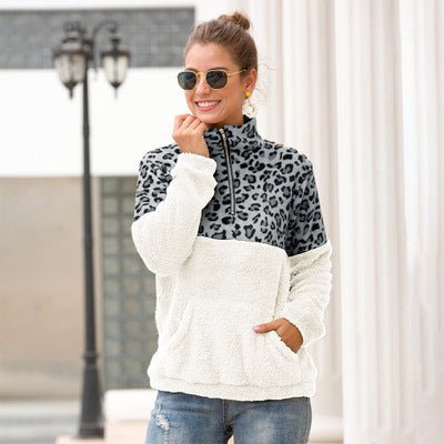 Women's Leopard Fleece Sweater Pullover - Polendo Design