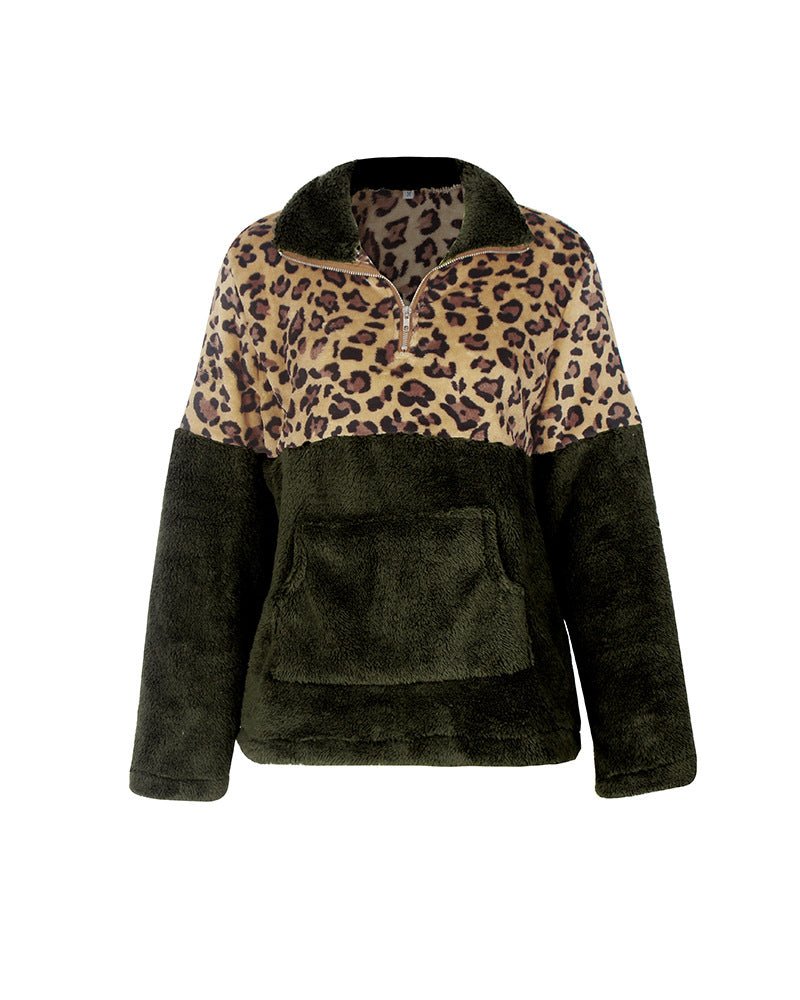 Women's Leopard Fleece Sweater Pullover - Polendo Design