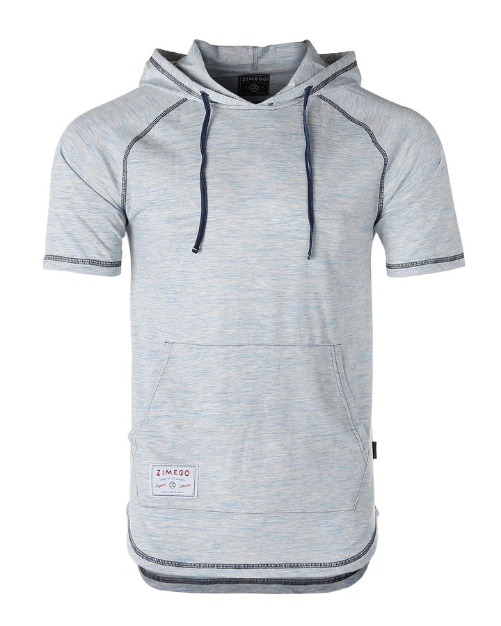 ZIMEGO Men's Short Sleeve Color Block Raglan Hoodie With Curved Hem - NAVY HEATHER - Polendo Design
