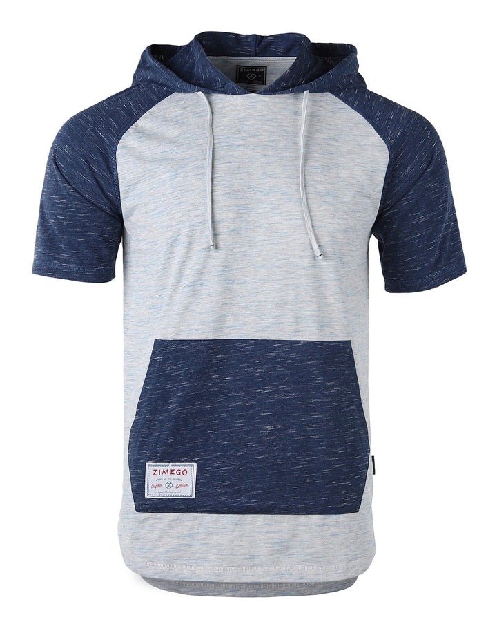 ZIMEGO Men's Short Sleeve Color Block Raglan Hoodie With Curved Hem - NAVY HEATHER - Polendo Design