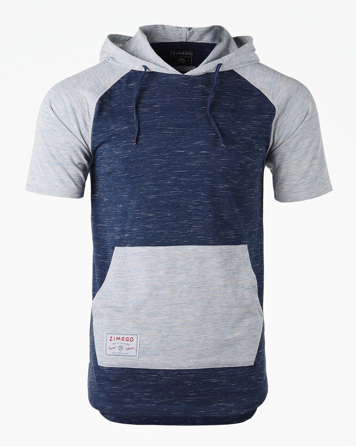 ZIMEGO Men's Short Sleeve Color Block Raglan Hoodie With Curved Hem - NAVY HEATHER - Polendo Design
