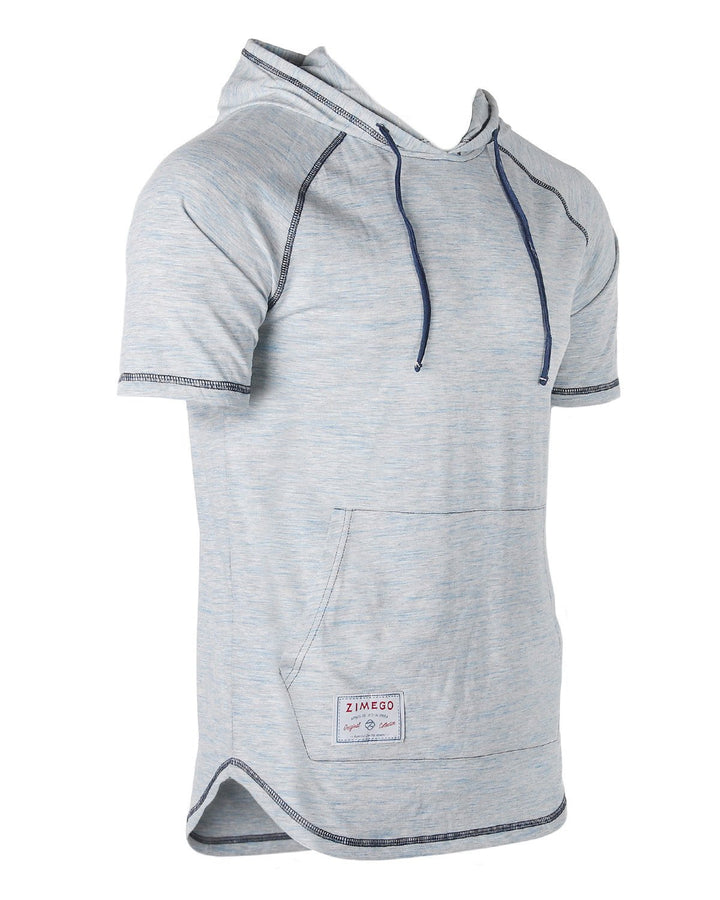 ZIMEGO Men's Short Sleeve Color Block Raglan Hoodie With Curved Hem - NAVY HEATHER - Polendo Design